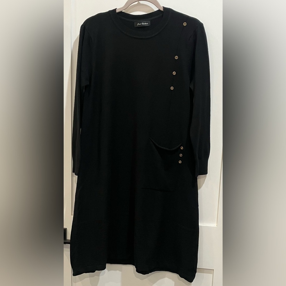 Wool blend Black Midi Dress with lovely textured trim on bottom front pocket